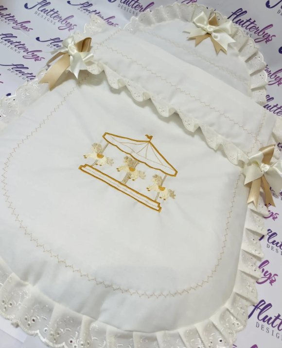 Baby Pram Quilt & Pillow Set to fit, Any pram Ivory fabric and Shades of Cream and Gold embroidered Ready Now! . Perfect Gift