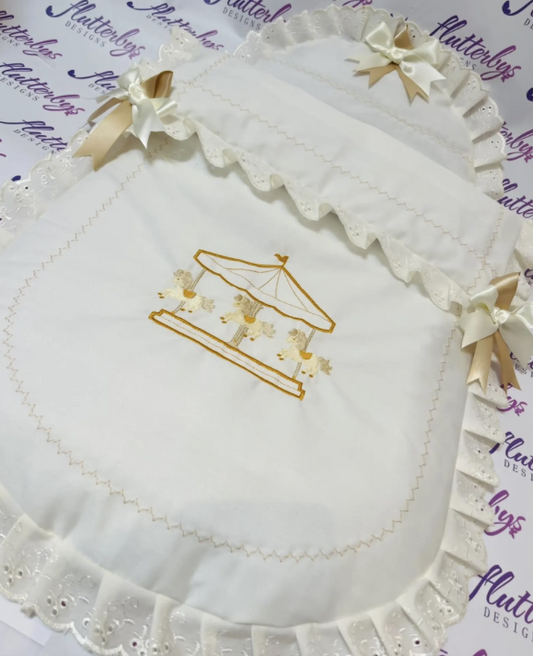 Baby Pram Quilt & Pillow Set to fit, Any pram Ivory fabric and Shades of Cream and Gold embroidered Ready Now! . Perfect Gift