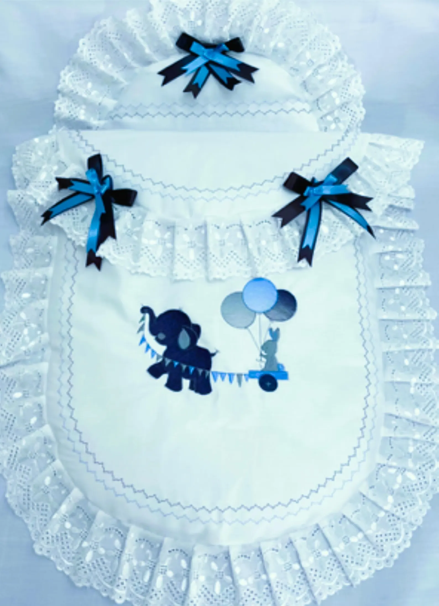 Baby Pram Quilt & Pillow Set to fit, Any pram White fabric and Shades of Grey and Blue embroidered design.