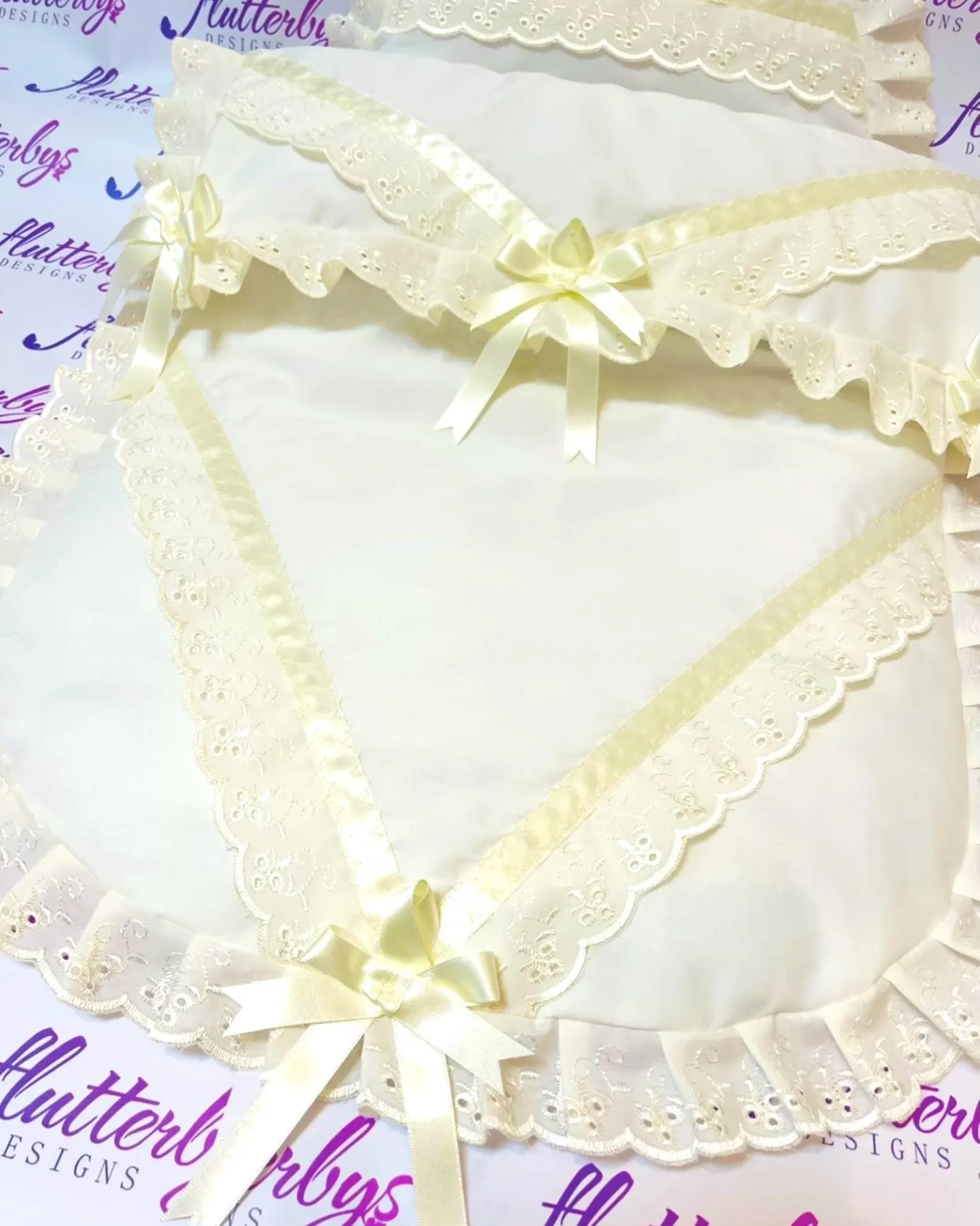 Baby Pram Quilt & Pillow Set to fit, Any pram Ivory fabric and Ivory broderie anglaise lace . Perfect Gift