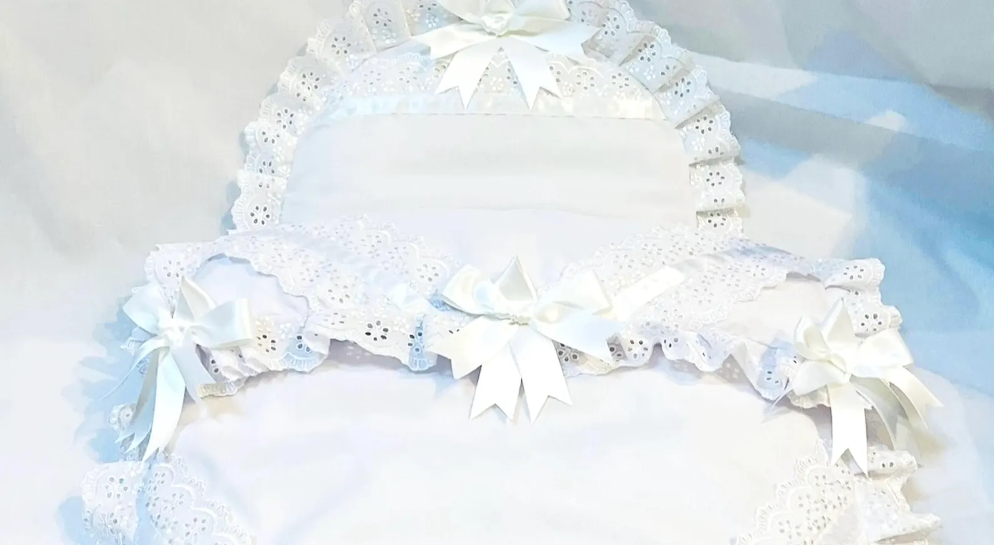 Baby Pram Quilt & Pillow Set to fit, Any pram White fabric, white lace, white satin ribbon and bows Perfect Gift
