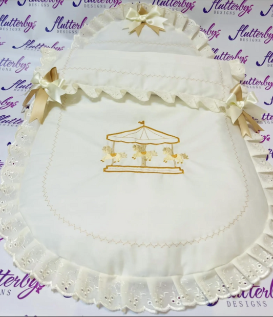 Baby Pram Quilt & Pillow Set to fit, Any pram Ivory fabric and Shades of Cream and Gold embroidered Ready Now! . Perfect Gift