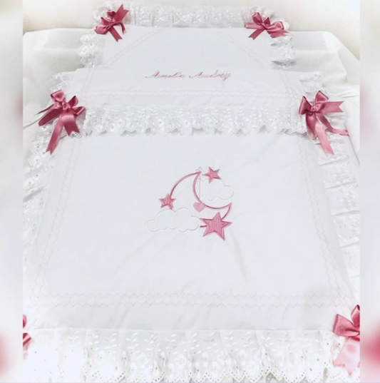 Moon & Stars  Pram quilt lace trim Pink satin ribbon will fit coach built pram Kensington size Perfect Gift .