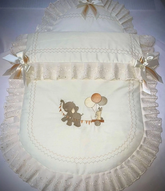 Baby Pram Quilt and Pillow Set to fit Venicci, Mamas Papas, Any pram Ivory fabric & Brown and Cream embroidered design.