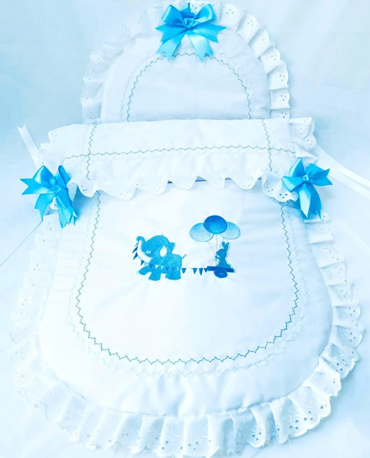 Baby Pram Quilt & Pillow Set to fit, Any pram White fabric and Shades of Blue embroidered design. Perfect Gift