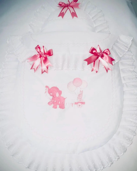 Baby Pram Quilt & Pillow Set to fit, Any pram White fabric and Shades of Pink embroidered design. Perfect Gift