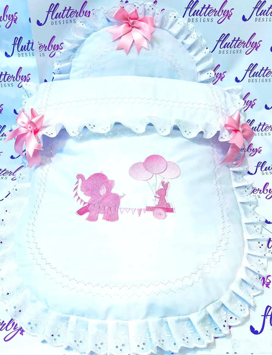 Baby Pram Quilt & Pillow Set to fit, Any pram White fabric and Shades of Pink embroidered Elephant design. Perfect Gift