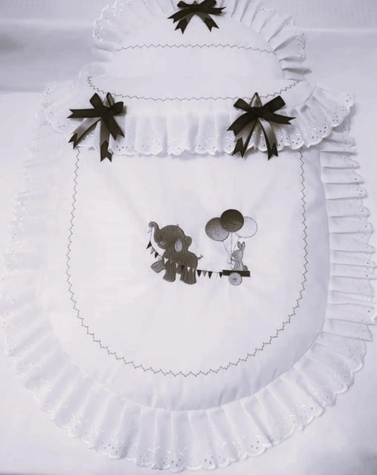 Baby Pram Quilt & Pillow Set to fit, Any pram White fabric and Shades of Grey embroidered design. Perfect Gift