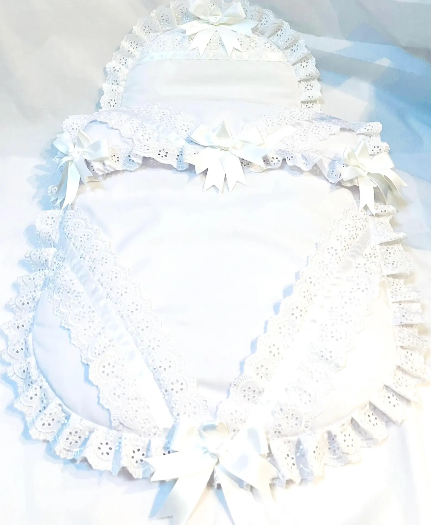 Baby Pram Quilt & Pillow Set to fit, Any pram White fabric, white lace, white satin ribbon and bows Perfect Gift