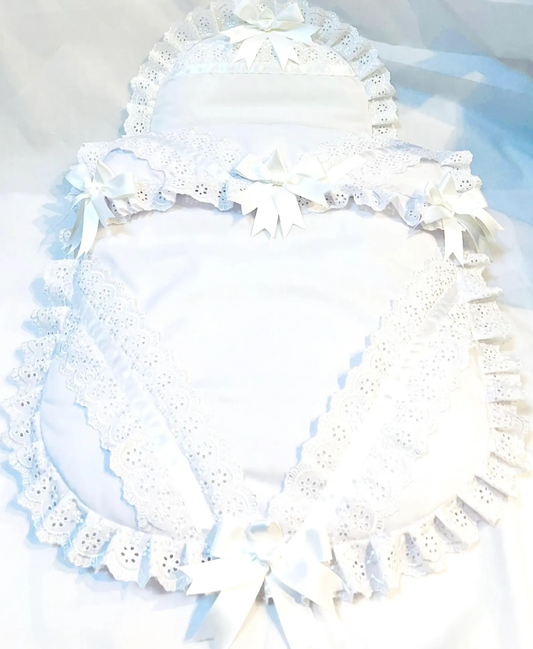 Baby Pram Quilt & Pillow Set to fit, Any pram White fabric, white lace, white satin ribbon and bows Perfect Gift