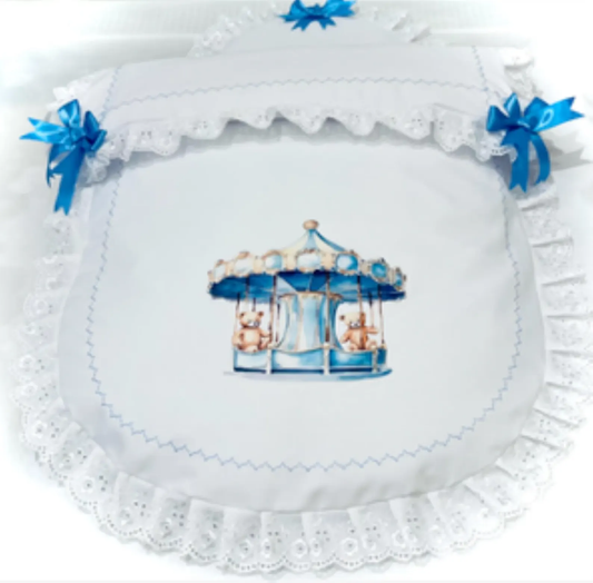 Pram Quilt White with Blue Teddy Bandstand made to fit any pram Perfect gift. Ready to post !
