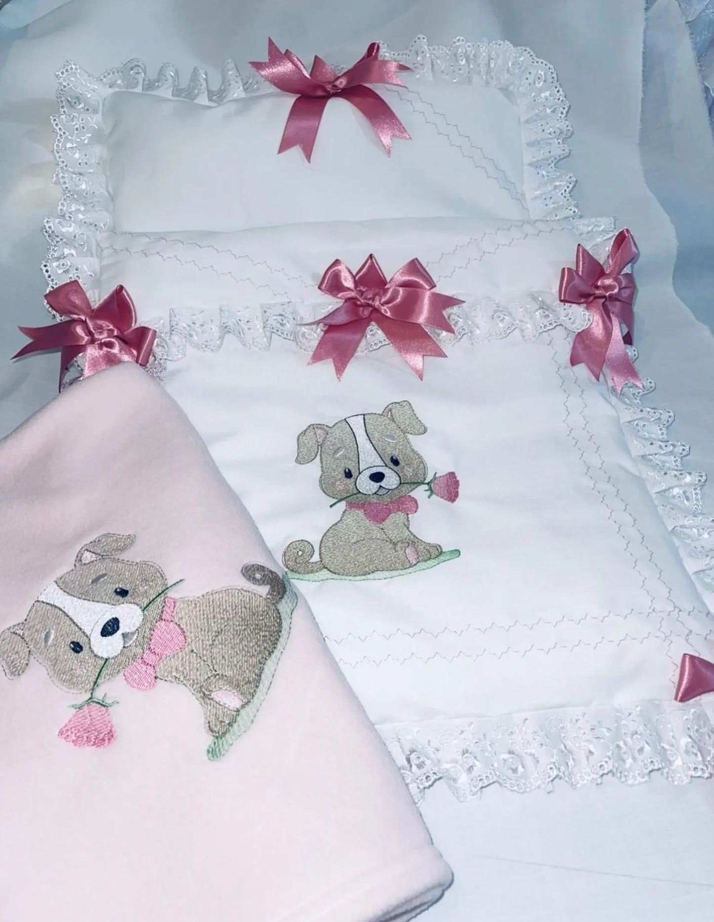 Puppy Love !  Doll's Pram quilt set  & Blanket * Will fit Any coach built pram Silver Cross