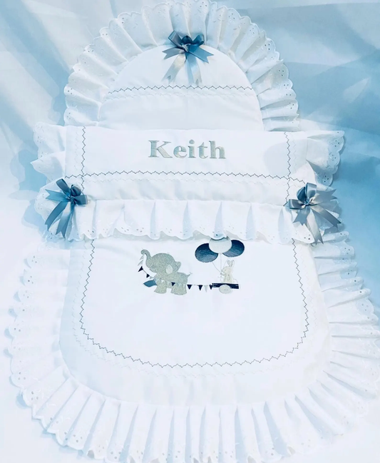 Baby Pram Quilt & Pillow Set to fit, Any pram White fabric and Shades of Grey embroidered design. Perfect Gift