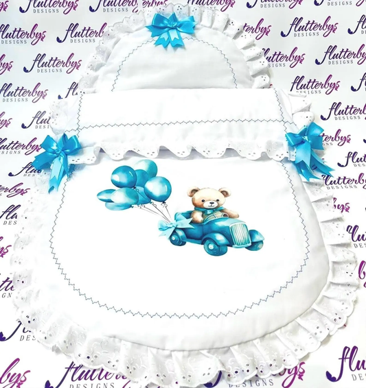 Pram Quilt White with Blue Teddy Car made to fit any pram Perfect gift