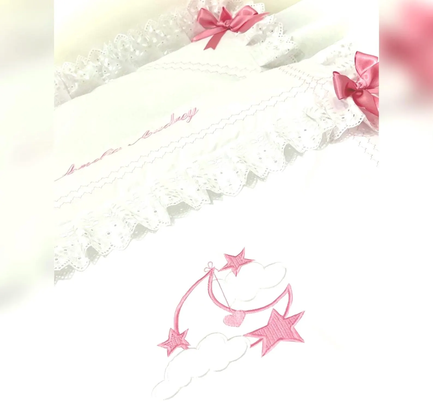 Moon & Stars  Pram quilt lace trim Pink satin ribbon will fit coach built pram Kensington size Perfect Gift .